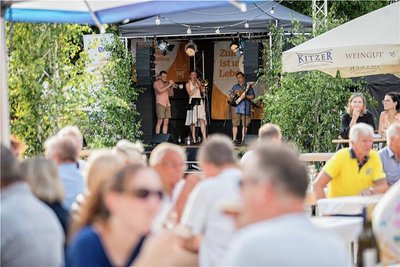 Am Schloss Freudenstein gab es am Eröffnungstag des Bergstadtfestes 2023 in Freiberg mit „Brassconaction“ moderne Blasmusik.