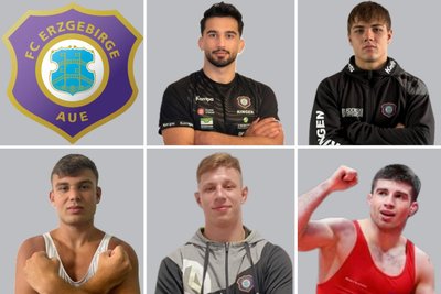 Neuzugänge beim FCE Aue: Reza Hosseinian, Alexandru Bors, Emil Thiele, Quentin Schmalfuß und Vasile Diacon (von oben links nach unten rechts).