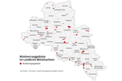 Im Planentwurf sind bisher diese Windenergiegebiete für Mittelsachsen ausgewiesen.