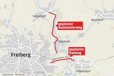 Die beiden geplanten Radwege von Freiberg nach Hilbersdorf (unten) und der Mulderadweg.