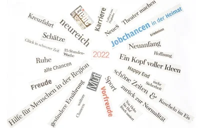 Mannigfaltig sind die Absichten, Wünsche und persönlichen Ziele der Menschen in Westsachsen fürs bevorstehende neue Jahr. Unser Fotograf hat aus der Zeitung ein paar passende Schlagworte herausgesucht. 