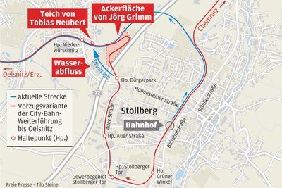Übersicht zum Bau der Stufe 5 der City-Bahn in Stollberg bis nach Niederwürschnitz. Eingetragen auch die Areale der betroffenen Bürger. Die Firma Wobek befindet sich nahe dem geplanten Haltepunkt Auer Straße.