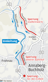 Auch während des zweiten Bauabschnitts führt die Umleitung aus Richtung Chemnitz über Frohnau.