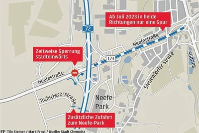 Ab Juli läuft der Verkehr auf dem Bauabschnitt nur einspurig. Zum Neefepark wird eine zusätzliche Zufahrt geschaffen, die eigentliche Zufahrt gilt aber weiterhin. 