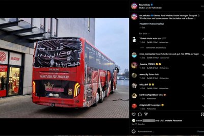 Der FSV Zwickau berichtete auf Instagram über den Verlust der Heckscheibe am Teambus. Foto: Screenshot/Instagram fsv.zwickau