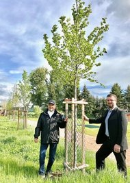 Bürgermeister Siegfried Baumann (links) und Markus Teubner freuen sich über die jungen Laubbäume auf dem Schulareal. 