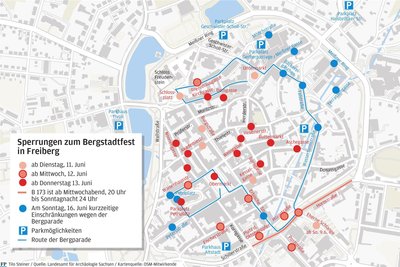 Die blaue Linie markiert den Verlauf der Bergparade zum Bergstadtfest in Freiberg.