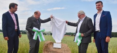 Jens Hinkelmann und Landrat Christoph Scheurer vom Landkreis Zwickau sowie Mittelsachsens Landrat Matthias Damm und Steve Sarfert, stellvertretender Mühlauer Bürgermeister (von links), enthüllen den Findling. 
