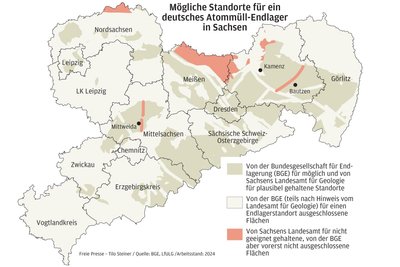 Die Fläche der als tauglich erachteten Standorte für ein Atommüll-Endlager in Sachsen ist erneut geschrumpft. Allerdings gibt es erstmals unterschiedliche Einschätzungen von Endlagersuchern und Sachsens Landesamt.