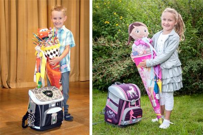 So sahen Ranzen und Zuckertüte zur Einschulung von Domenic 2010 sowie von Lenya 2016 aus.