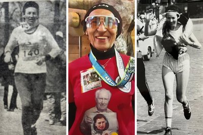 Gisela Göthel als einzige Frau beim Marathon 1988 in Karl-Marx-Stadt. Am 19. Januar 2025 nach dem Halbmarathon in Houston und 1986 beim Elbe-Friedensmarathon in Dresden (v.l.n.r.).