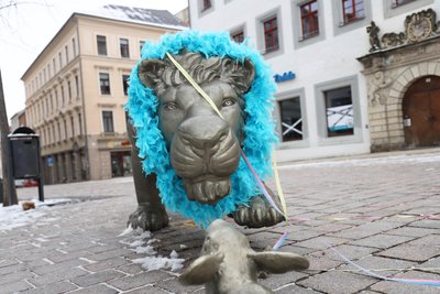 Der Löwe am Freiberger Rathaus wirkt jetzt gleich etwas freundlicher.