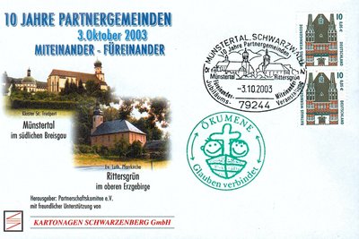 Auch für Sammler von postalischen Erinnerungsbelegen ist die Ortspartnerschaft ein Thema. Dieser Sonderbrief wurde vor 20 Jahren herausgegeben.