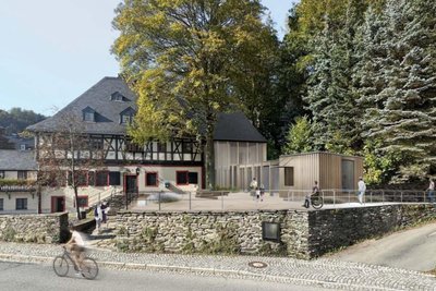 So könnte der Anbau (rechts im Bild) am Herrenhaus am Frohnauer Hammer aussehen.