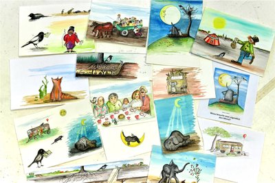 Ein Blick auf die vielen Bilder, mit denen Beate Koch die Geschichten von Helmut Okhof in seinem Kinderbuch illustrierte.