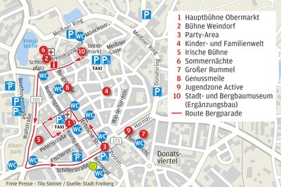 Ob Parkmöglichkeiten, Toiletten oder medizinische Versorgung - beim Bergstadtfest in Freiberg ist an alles gedacht.