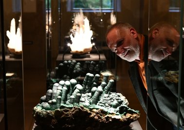 Kustos Andreas Massanek, ebenfalls Mitglied im wissenschaftlichen Beirat, an einem skurrilen Schatz der Terra mineralia: einem Malachit aus dem Kongo. Dieser zieht die Blicke auf sich, aber auch viele andere der insgesamt 3500 Exponate aus aller Welt lassen die Besucher staunen. 