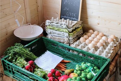 Rosenkohl, Radieschen, Möhren oder Äpfel und Birnen liegen bereit. Manches, wie etwa Orangen, kann man selbst abwiegen. 
