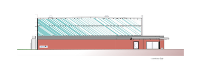 Der Entwurf der Freiberger Planungsgesellschaft Phase 10 zeigt die Südseite der geplanten Sporthalle.