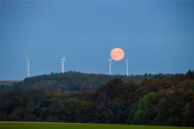 Besonders eindrucksvoll wirkte der Vollmond, wenn er tief stand und sich Gebäude oder hier Windräder als Vergleichsobjekte anboten.