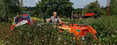Daniel Pistorius fährt mit Traktor und Erntemaschine durch die Aroniabeeren Plantage in Langenchursdorf.