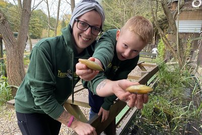Mehr als 300 Teichmuscheln haben Sabrina Mulks und Sohn Noah vom Grund des großen Floßteichs abgesammelt. Nach dem Ablassen des Teichwassers kamen die selten gewordenen Muscheln in ein Ausweichquartier. Nach dem Ende der Bauarbeiten am Teich geht’s zurück.