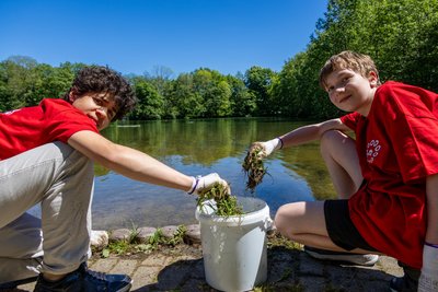 Joshua Díaz (l.) und Leon Essig haben das Naturbad in Grünhain von Schwemmpflanzen gereinigt.