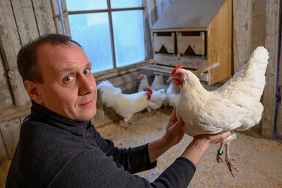 Züchter Stefan Werner aus Gablenz (Erzgebirgskreis) mit einem Sachsenhuhn. Typisch ist der Schwanz in Form einer spitzen Tüte. 