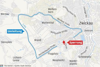 Ab Montag droht Verkehrschaos in Zwickau: Reichenbacher Straße über Monate dicht - Die Karte zeigt in Blau die ausgeschilderte Umleitung. Je nachdem, woher man kommt, bietet sich als Alternative auch der Weg über die Planitzer Straße ins Stadtzentrum an.
