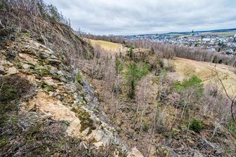 Abenteuerspielplatz für Männer: Alter Steinbruch im Erzgebirge kommt unter den Hammer - Die Steilwand des Steinbruchs. Nebenan eine abgedeckte Mülldeponie, die nicht zum Gelände gehört. Der Ausblick auf Schneeberg ist sicher ein paar Euro wert.