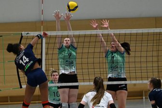 Als Dritte in die Playoffs - Die Volleyballerinnen des Chemnitzer VV Mandy Matzel (links) und Cara Wößner haben sich im Nachholspiel gegen den VC Olympia Dresden II am Mittwochabend stark gewehrt.