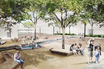Alte Baumwolle Flöha: Marktplatz als Mittelpunkt mit Möglichkeiten - Eine grafische Animation des Ruhebereiches mit Wasserspiel auf dem künftigen Marktplatzes der Stadt Flöha in der Alten Baumwolle.
