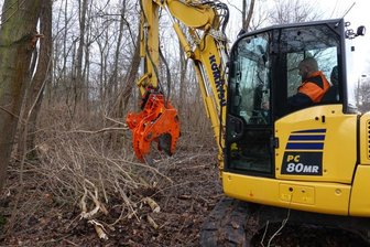 Am Mulderadweg krachen die Äste und kreischen die Sägen - Steven Näther rückt mithilfe eines sogenannten Woodcrackers dürrem Aufwuchs in dem Wäldchen am Mulderadweg in Zwickau zu Leibe. 