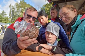 Apfelfest bringt Kleinschirmaer zusammen - Familie Christian Merz stellt sich der Schätzaufgabe: Wie viele Apfelkerne sind in diesem Glasbehältnis?