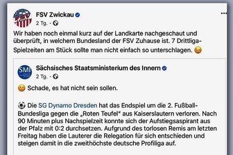 Aue, Dresden und ...? Worüber Sachsens Innenministerium in Sachen Fußball stolpert - So reagierte der Fußball-Drittligist FSV Zwickau auf einen Facebook-Eintrag des für Sport zuständigen Innenministeriums. 