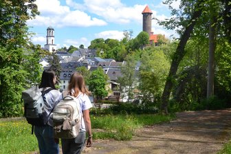 Auerbacher Goethe-Park erhält Kur: Nur auf ein Extra müssen Spaziergänger verzichten - Der Blick ist wieder frei vom Goethe-Park zu den Türmen Auerbachs. In den letzten Jahren war die Sichtachse zugewuchert.