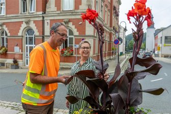 Auerbachs Grünflächen unter der Lupe: Wie das Wetter die Pflege der Grünanlagen beeinflusst - Bauhof-Gärtner Marcus Möckel und Dagmar Badock vom Auerbacher Grünflächen-Amt begutachten die Pflanzkübel vor dem Rathaus.