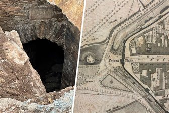 Auf den Spuren der versunkenen Brücke in Freiberg - Detail eines Freiberger Stadtplans von 1835, der in der Gerberpassage hängt. Daneben die Brücke, die von den Arbeitern freigelegt wurde.