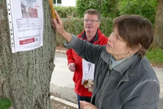 Auf der Suche nach Bella: Amtsbergerin sucht nach ihrem entlaufenen Hund - An einem Baum im Amtsberger Ortsteil Schlößchen bringt Kristine Tannenhauer einen von über 100 Steckbriefen an. Unterstützt wird sie bei ihrer Suchaktion von Peter Heimlich und vier weiteren Helfern. 