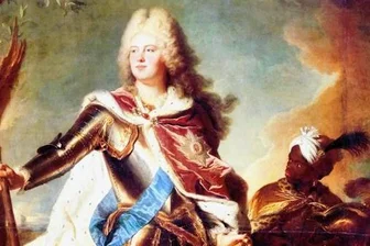 Augusts Illusion von Afrika - Afrikaner nur als schmückendes Beiwerk: Kurprinz Friedrich August, Gemälde von Hycinthe Rigaud (1714).