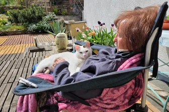 Augustusburg: Kater Zickels letzter Streifzug endet tödlich - Ruhepause auf der Terrasse: Eva Hentsch mit Kater Zickel, der mutmaßlich an Rattengift gestorben ist.