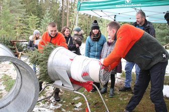 Augustusburg: Wildweihnacht-Premiere liefert auch praktische Tipps - Die Sachsenforst-Lehrlinge Jannis Grimm und Felix Hentschel (v. l.) netzen die Fichte für Familie Heber ein, die diese bei der Wildweihnacht in Augustusburg gekauft haben.