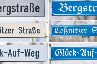 Aus Kobaltstraße wird Heimweg: Aue-Bad Schlema schafft doppelte Straßennamen ab - In Aue und Bad Schlema gibt es seit der Fusion gleich mehrere Straßennamen doppelt, darunter die Bergstraße, die Lößnitzer Straße und der Glück-Auf-Weg. Links sind die Schilder in Aue zu sehen, rechts die Schilder in Bad Schlema. Jetzt sollen die Doppelungen verschwinden.