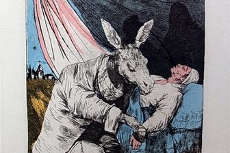 Ausstellung in Schloss Waldenburg: Wo Salvador Dalí auf Francisco de Goya trifft - Blatt Nr. 40 in der Waldenburger Ausstellung aus der Serie "Los Caprichos" von Francisco de Goya, übermalt von Salvador Dalí. Goya hatte es mit "An welchem Übel wird er sterben?" beschriftet, Dalí schrieb dazu: "Aus dem Winterschlaf".