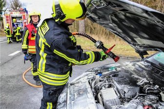 Autobrand in Schneeberg - Feuerwehr so schnell wie nie - Da war es schon vorbei. Die anrückende Feuerwehr musste bloß noch den Motorraum herunterkühlen.
