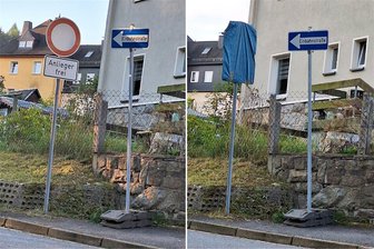 Autofahrer in Aue verwirrt: Sperrschild blockiert offizielle Umleitung in Wohngebiet - Vorher-nachher-Vergleich: Zu Wochenbeginn verwehrte dieses Sperrschild am Buchenweg in Aue dem Otto-Normal-Autofahrer die Weiterfahrt. Inzwischen ist es verhüllt worden.