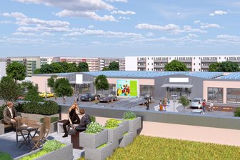 Baikal-Center in Zwickau-Neuplanitz: Ändert sich mit der Sanierung des Einkaufszentrums auch das Angebot? - 2025 soll die Sanierung des Baikal-Centers Neuplanitz beginnen. Die Visualisierung zeigt den Blick vom begrünten Dach des Hauses 2 in den Innenhof. Auf dem Dach des Gebäudes gegenüber wird eine Solaranlage installiert.