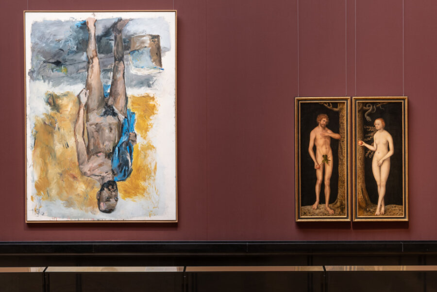 Baselitz-Ausstellung in Wien zwischen Klassik und Moderne - Moderner Kunst von Georg Baselitz - auch die, die typisch für ihn auf dem Kopf steht - werden in der aktuellen Ausstellung "Nackte Meister" in Wien Werke Alter Meister gegenübergestellt. Auch Adam und Eva spielen dabei eine Rolle.