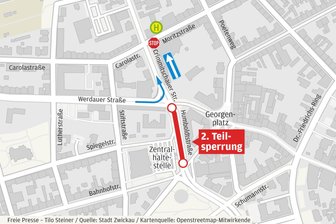 Bauarbeiten an Kreuzung im Zwickauer Zentrum: Neue Sperrungen und Umleitungen - Ab 16. September ist ein Teilstück der Humboldtstraße in Zwickau gesperrt.