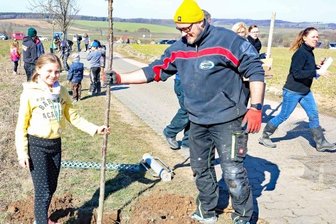 Baumpflanzaktion: Alle machen mit - Marcus Meusel pflanzte mit seiner Tochter Meike einen der elf Kirschbäume am Viehweg oberhalb von Niederalbertsdorf. "Gemeinsam Wurzeln schlagen" lautet das Motto der Aktion.